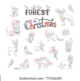 Forest Christmas set. Vector set of woodland animals dressed in Santa hat and scarf. Contours of moose, bear, fox, wolf, deer, owl, hare, squirrel, raccoon, hedgehog and birds. Grey and red.