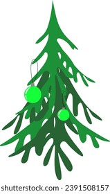 Árbol de Navidad forestal. Vacaciones de Año Nuevo en invierno. Abeja esponjosa verde adornada con bolas de vidrio y juguetes. Tarjeta de vacaciones. Ilustración vectorial dibujada a mano.