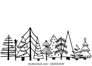 Forest of Christmas trees hand drawn on a white background. Graphic design for New Year card