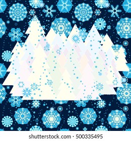 a forest of christmas trees on a dark background with snowflakes