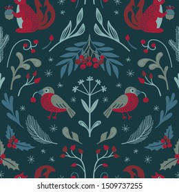 Forest Christmas vector seamless pattern. Cute squirrels, bullfinches and winter flora.