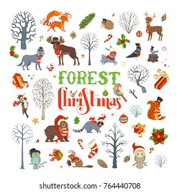 Forest Christmas. Vector set of winter trees and forest animals in Santa hat and scarf. Moose, bear, fox, wolf, deer, owl, hare, squirrel, raccoon, hedgehog, birds, gift boxes and baubles.