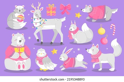 Forest Christmas white animals in sweaters and scarves in a cute cartoon style. Vector isolated animal illustration.