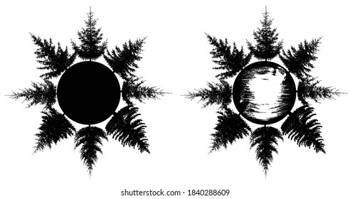 Bosque en círculo, los abetos están dispuestos en círculo, con un conjunto de siluetas. Coloque el nombre en el centro del círculo. Ilustración del vector