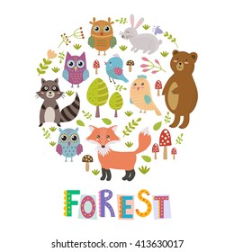 Forest circle shape background with cute fox, owls, bear, birds and raccoon. Vector illustration