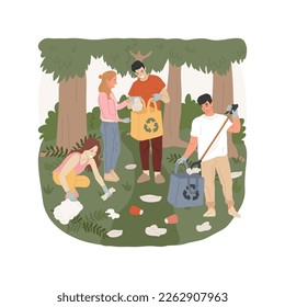 Forest clean up isolated cartoon vector illustration. Clean up in the nature, people collect trash in the forest, eco activism, picking rubbish outdoor, community volunteering vector cartoon.