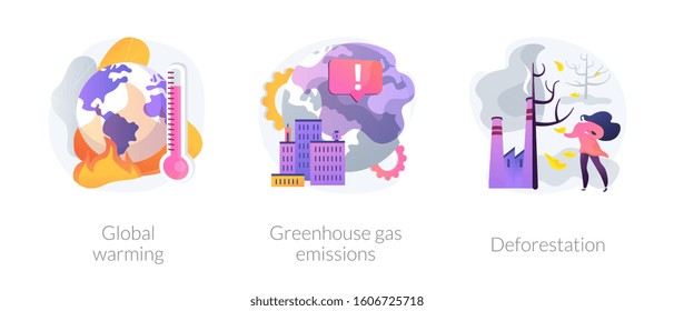 Forest clearcutting problem. Climate change. Greenhouse effect, planet pollution. Global warming, greenhouse gas emissions, deforestation metaphors. Vector isolated concept metaphor illustrations