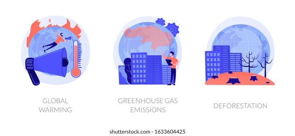 Forest clearcutting problem. Climate change. Greenhouse effect, planet pollution. Global warming, greenhouse gas emissions, deforestation metaphors. Vector isolated concept metaphor illustrations