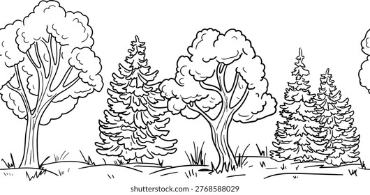 Forest and clearing along the road, sketch. Vector illustration. Trees, shrubs and fir trees, grass and thickets, seamless border isolated on a white background. Hand-drawn rural landscape
