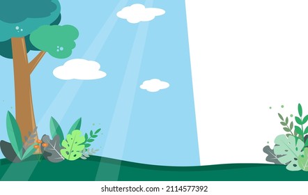 forest clearing and blue sky, a tree and beautiful plants grow in the clearing