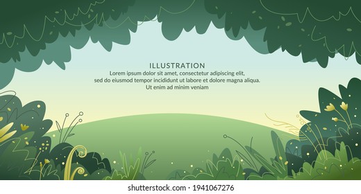 A forest clearing surrounded by grasses, flowers and tree crowns. Beautiful illustration of nature in cartoon style. A template for placing your text.