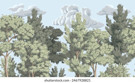 Forest with cloud nature mural. Landscape border.	