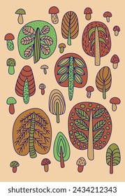 Forest collection of tree and mushroom motifs. Set of images in flat style. Vector illustration