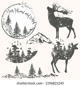 Forest collection of vector animals, trees and mountains