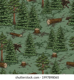 Forest colorful seamless pattern with bears green trees wooden logs and stumps in vintage style vector illustration