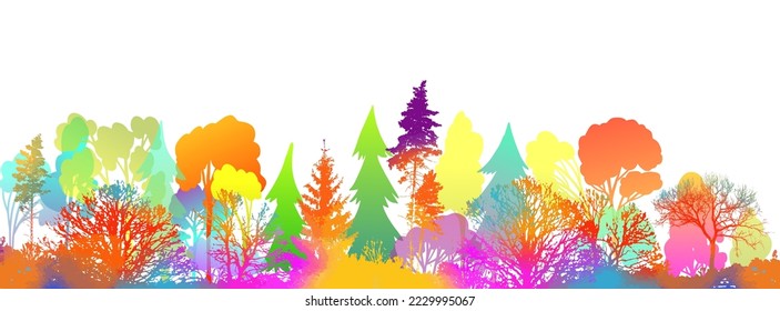 Forest colorful silhouette . Tree silhouette panorama. watercolor landscape. Mixed media. Vector illustration
