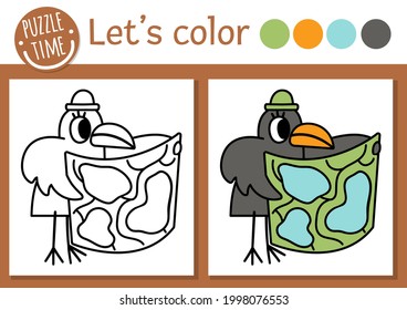 Forest coloring page for children. Funny raven with map. Vector nature outline illustration with cute woodland bird. Adorable summer color book for kids with colored example