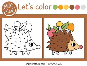 Forest coloring page for children. Funny hedgehog carrying apple and mushrooms. Vector outline illustration with cute woodland animal. Summer color book for kids with colored example