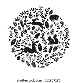 Forest composition with animals and plants.  Vector background. Illustration for greeting cards, invitations, and other printing projects.
