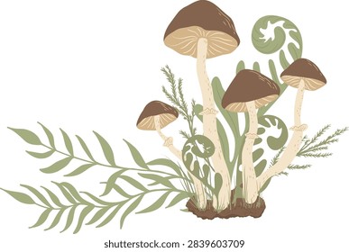 Forest composition with mushroom cluster, moss, fern, leaf litter, and small twig in cartoon style. Symbol of growth, nature balance, woodland harmony, and biodiversity. Cartoon vector illustration.