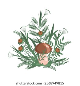 Forest composition of mushroom and grasses, branches isolated on a white background.Vector forest bouquet.