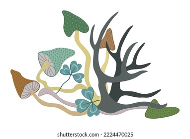 Forest composition. Mushrooms. clover leaves and deer horns. Vector isolated illustration.