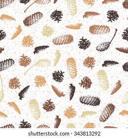 Forest cones seamless pattern. Spruce and pine cones. Black and brown imprint. Vector illustration.