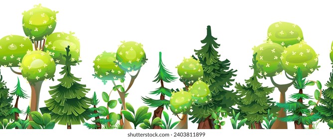 Bosque con árboles de coníferas y caducifolios. Imagen horizontal sin inconvenientes. Objeto aislado en fondo blanco. Estilo de diversión de caricatura Vector de ilustración