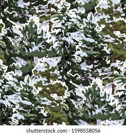 Forest of coniferous trees, covered with white snow. Winter design. Vector repeated seamless pattern