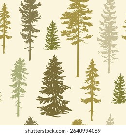 Floresta, conjunto de coníferas, abeto, esboços de pinheiros, padrão sem costura, ilustração doodle, vetor, desenhado à mão, monocromático