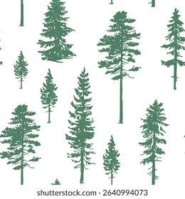 Bosque, conjunto de árboles de coníferas, abeto, bocetos de pinos, patrón transparente, ilustración doodle, Vector, dibujado a mano, monocromo