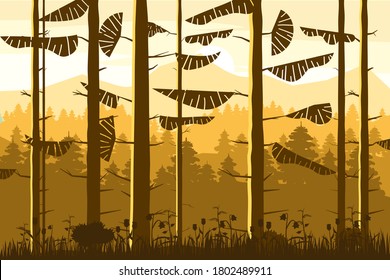 Forest coniferous trunks of fir trees silhoutte, autumn, fall wood hills. Vector illustration isolated