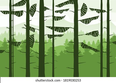 Forest coniferous trunks of fir trees silhoutte, summer wood hills. Vector illustration isolated