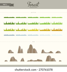 Forest constructor kit - part 2. Grass and stones. Beautiful and trendy set of flat elements. Very useful to create backgrounds and patterns