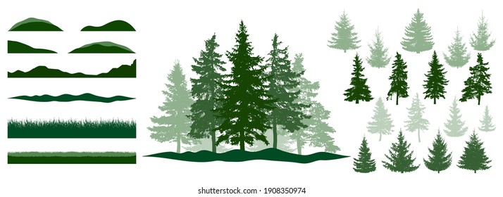 Forest, constructor kit. Silhouettes of beautiful spruce trees, grass, hill. Collection of element for create beautiful forest, park, woodland, landscape. Vector illustration.
