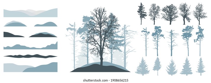 Forest, constructor kit. Silhouettes of beautiful spruce trees, pine, bare trees, snow hill. Collection of element for create beautiful winter forest, park, woodland, landscape. Vector illustration.
