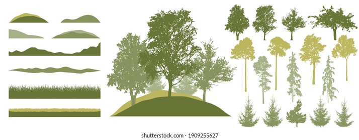 Forest, constructor kit. Silhouettes of beautiful birch, fir trees, poplar ,grass, hill. Collection of element for create beautiful spring forest or park, woodland, landscape. Vector illustration.