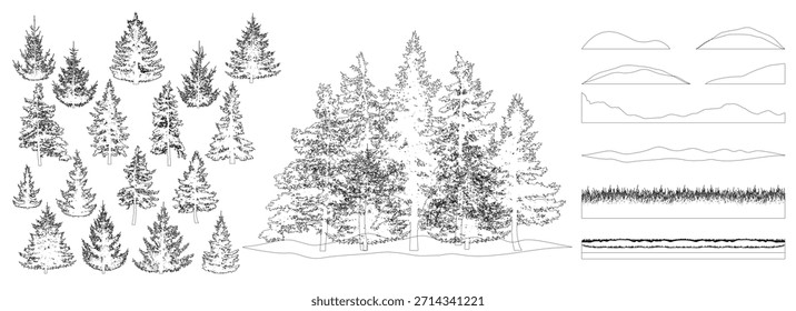 Forest, constructor kit.Contours of beautiful spruce trees, grass, hill. Collection of element for create beautiful forest, park, woodland, landscape. Vector illustration.