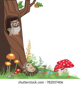 Forest Corner Design Element with Owl Hedgehog and Mushrooms Cartoon Illustration