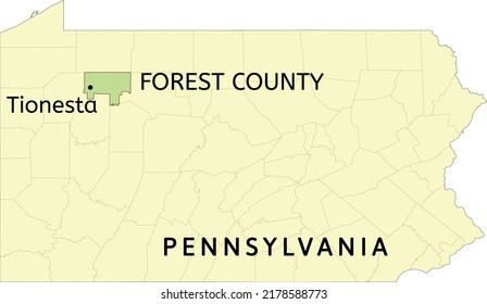 Forest County and borough of Tionesta location on Pennsylvania state map