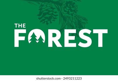 El bosque, diseño creativo de viaje de logotipo. Concepto de turismo o de branding de expediciones para aventuras en parques forestales o paisajísticos a los Alpes o la Cordillera América. Ilustración vectorial para agencia de viajes