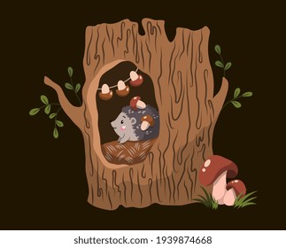 Forest creatures concept with cute little hedgehog in a hole in a hollow tree at night, colored vector illustration