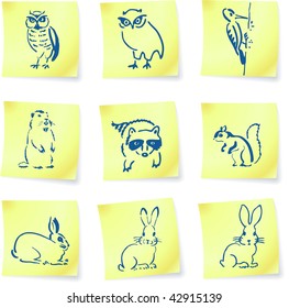 forest creatures drawings on post it notes original vector illustration 6 color versions included