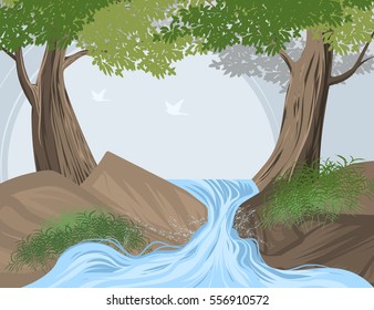 Forest And Creek Scene Vector Nature Landscape Background