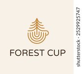 Forest Cup logo. Minimalist pine tree and coffee cup symbol. cypress wood cup engraved grunge outline vintage style vector design template.