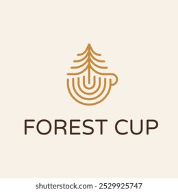 Forest Cup logo. Minimalist pine tree and coffee cup symbol. cypress wood cup engraved grunge outline vintage style vector design template.