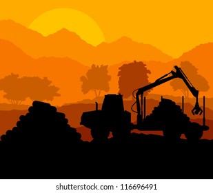 Forest cut down landscape with wood and heavy equipment track