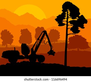 Forest cut down landscape with wood and heavy equipment track