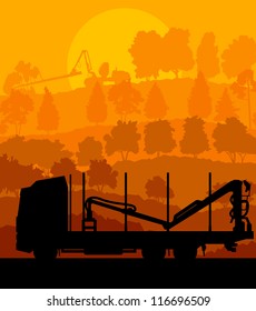 Forest cut down landscape with wood and heavy equipment track