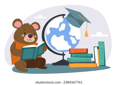 Caracteres animales lindos del bosque leyendo el concepto de biblioteca de libros. Ilustración de diseño gráfico plano vectorial